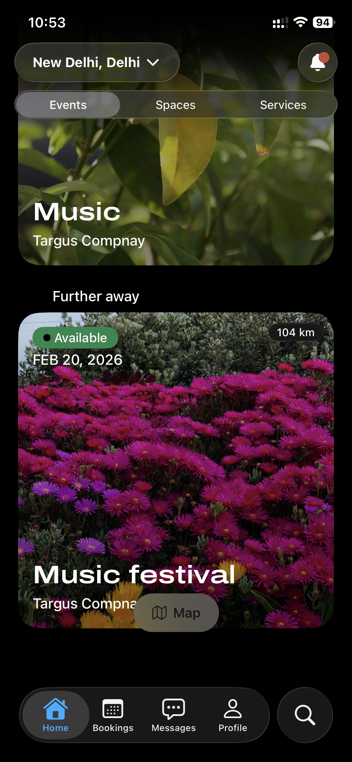 Events feed showing upcoming events