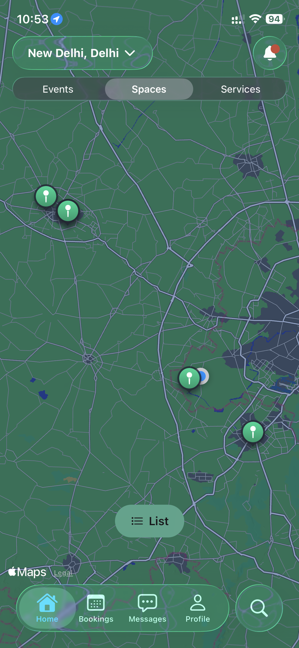Map view showing bookable spaces near you